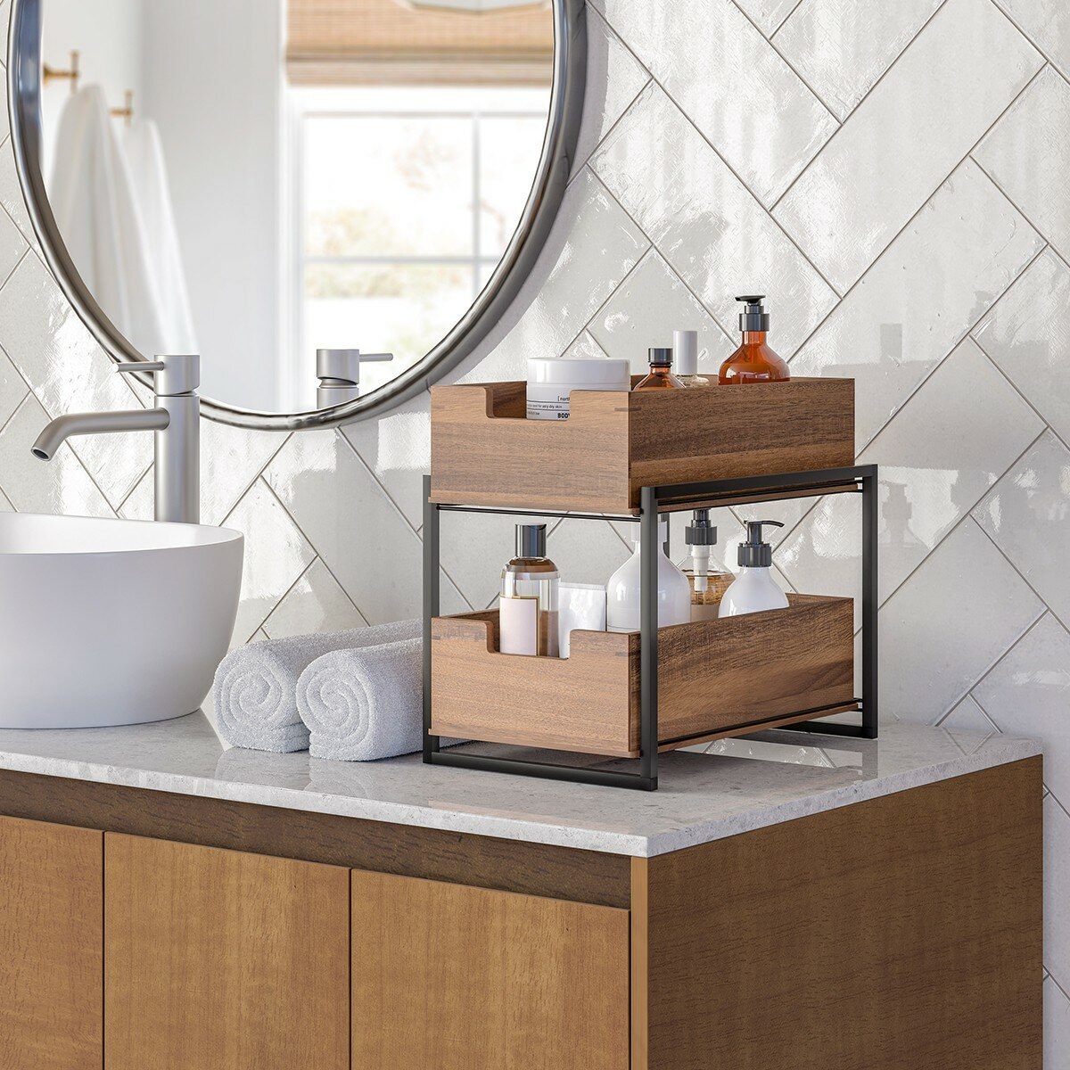 Seville Classics 雙層木製抽屜式置物籃架