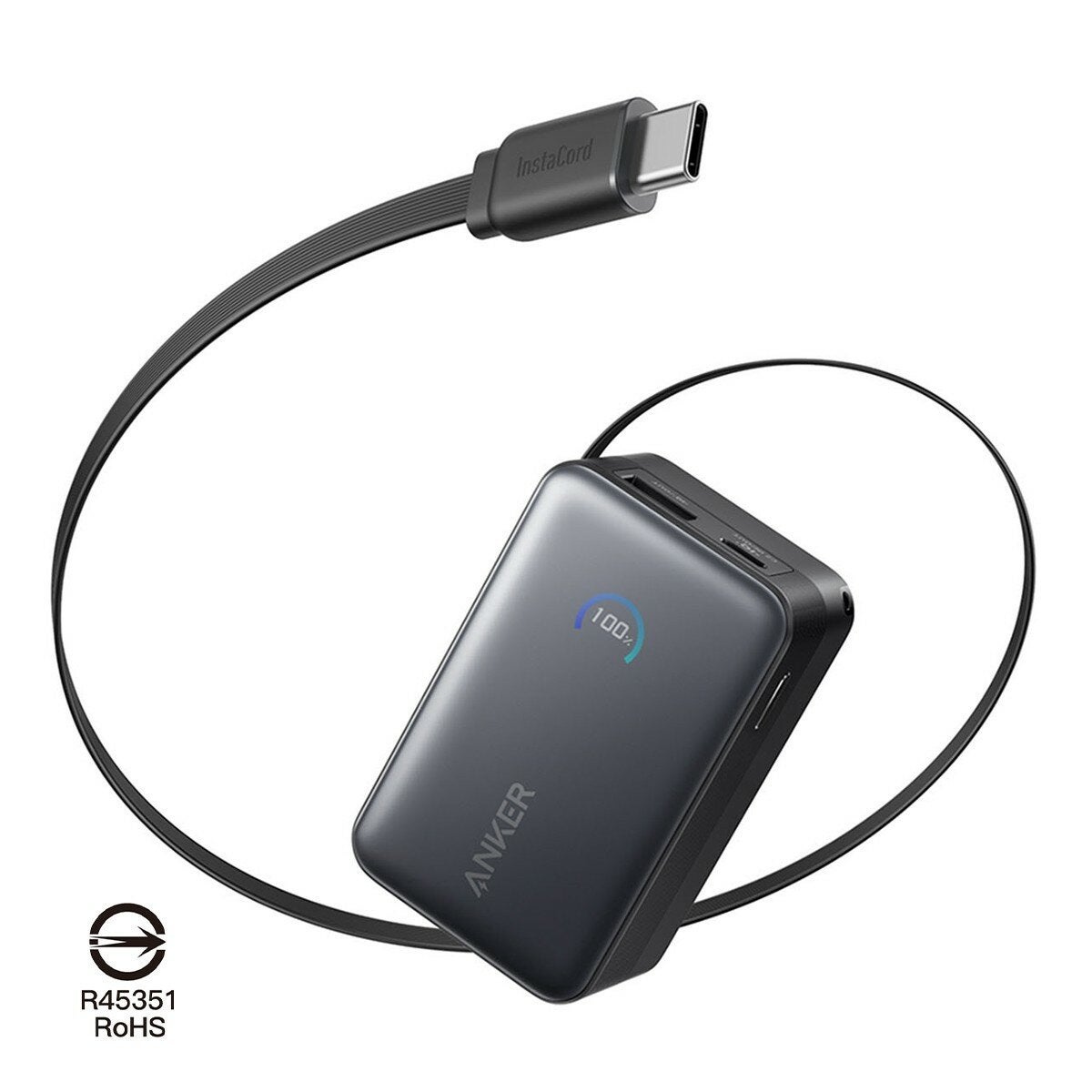 ANKER Nano A1638 行動電源 10000mAh 45W 自帶USB-C伸縮線 黑色