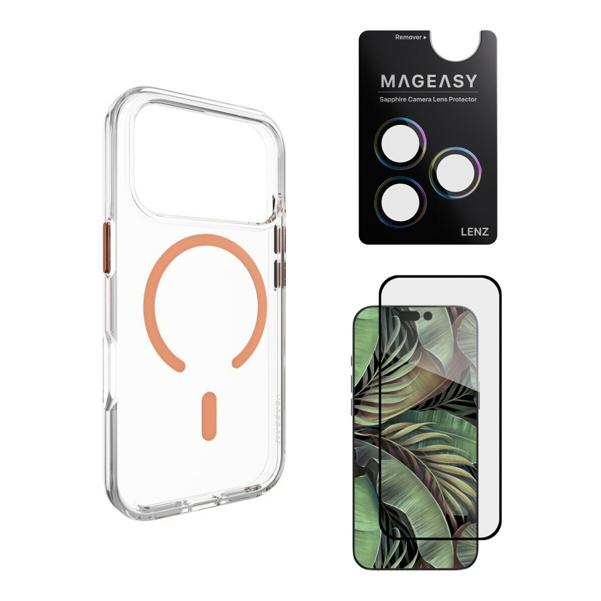 MAGEASY Bright M 不發黃軍規磁吸透明殼 iPhone 17 Pro(珊瑚磁圈) + 鏡頭保護貼Lenz(炫彩) + Vetro 9H 鋼化玻璃保護膜