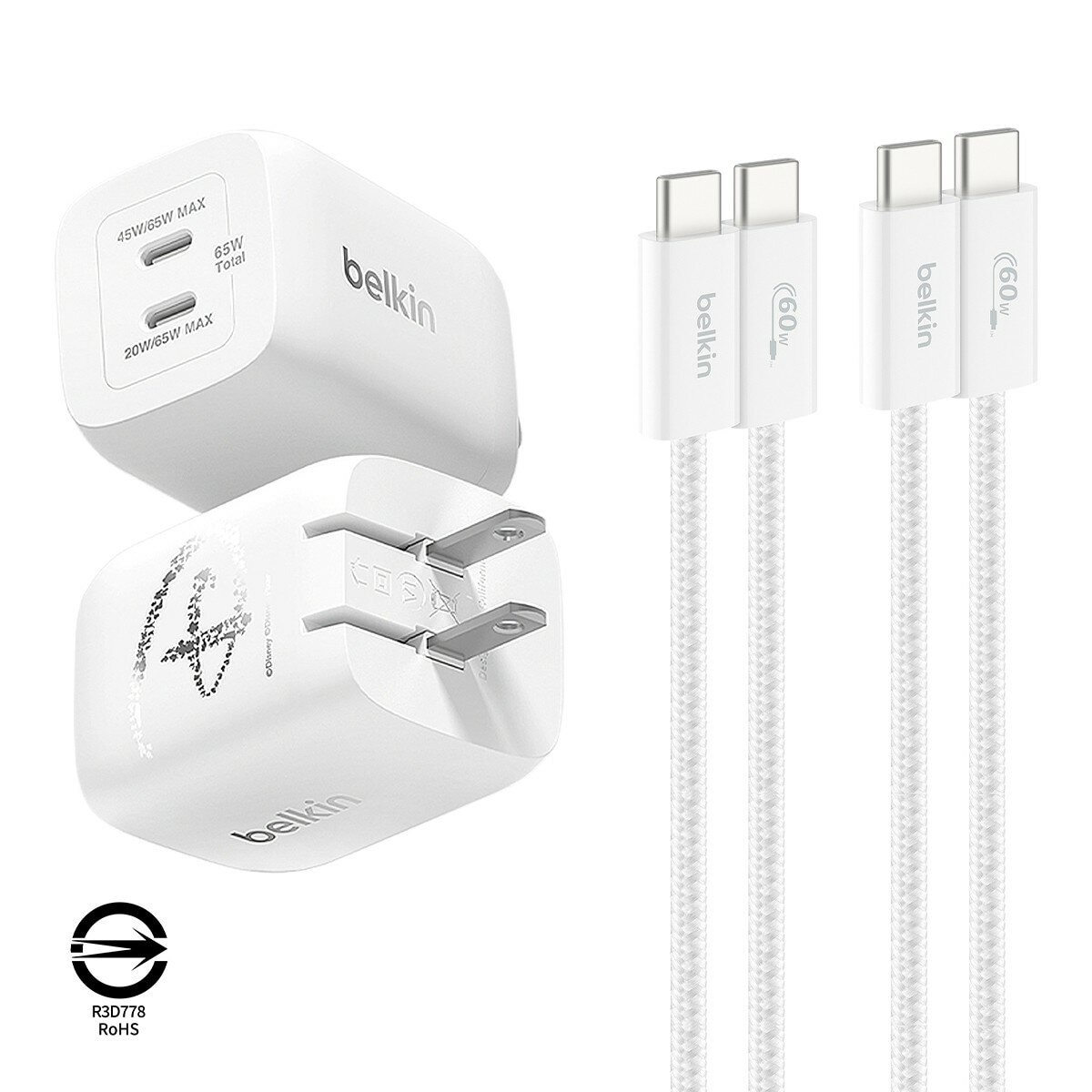 Belkin BoostCharge USB-C to USB-C 編織連接線 (60W 1.5米) 2入組 白 + Belkin BoostCharge Pro 雙USB-C 氮化鎵 充電器 (65W PPS) 2入組 迪士尼系列