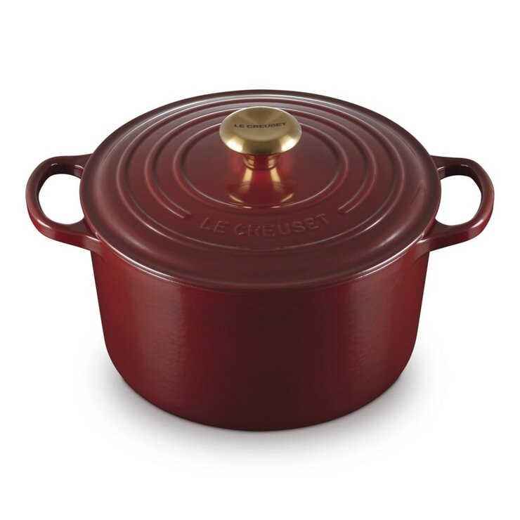 Le Creuset 雙耳圓形鑄鐵深圓鍋 含鋼頭鍋蓋 24公分 醇酒紅