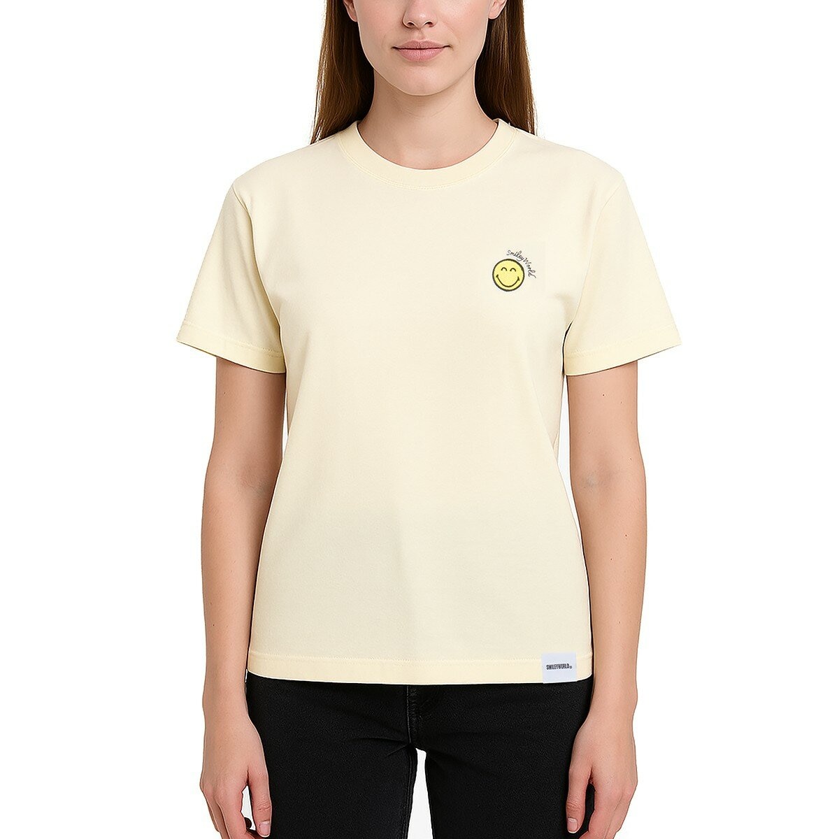 Smiley World 女短袖圓領上衣 淺黃