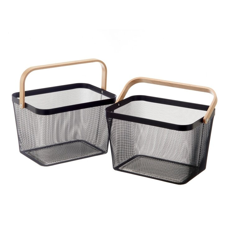 鐵網置物收納籃 木頭手把 2件組 黑