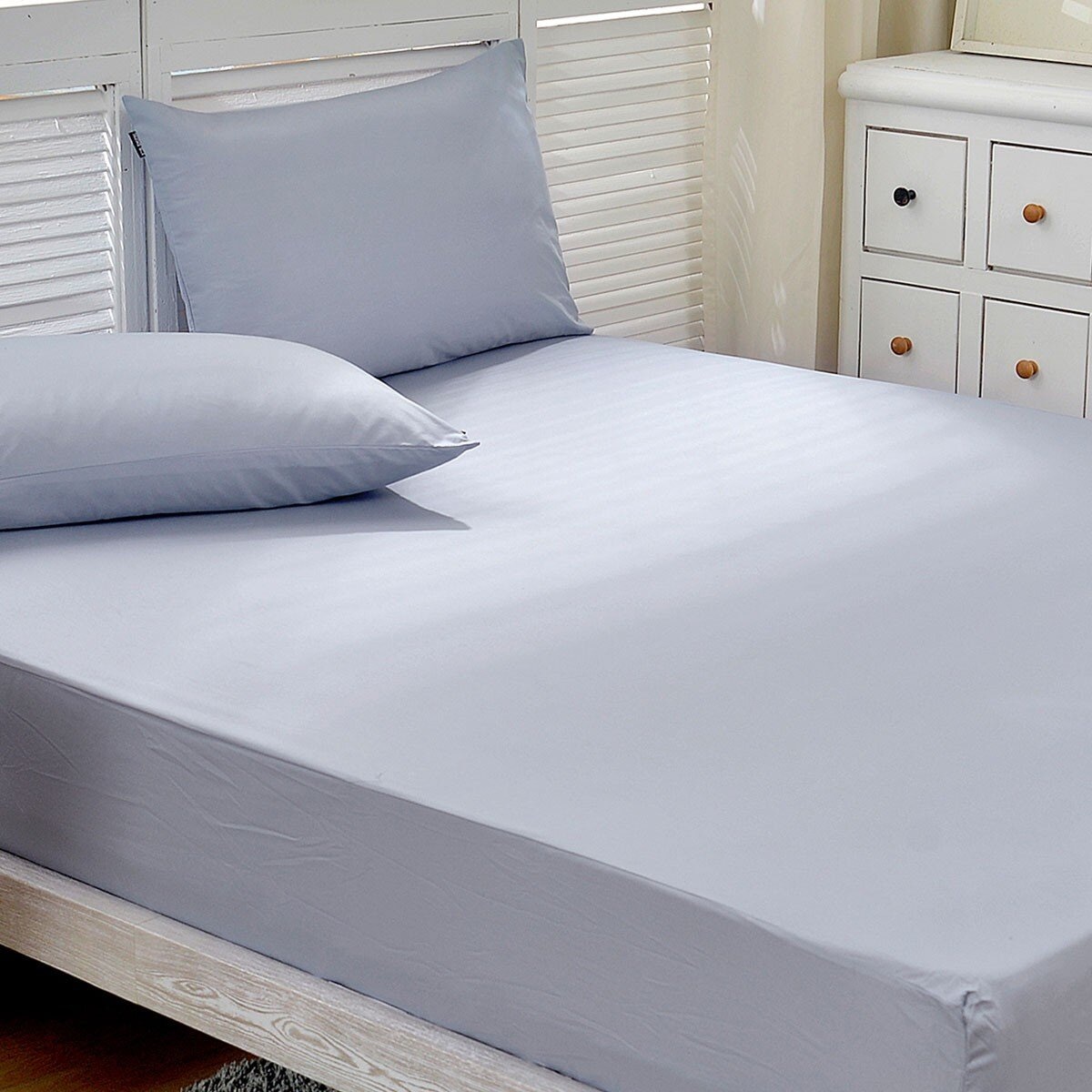 La Belle 單人200織純棉素色床包枕套 3件組 105公分 X 186公分 淺藍灰