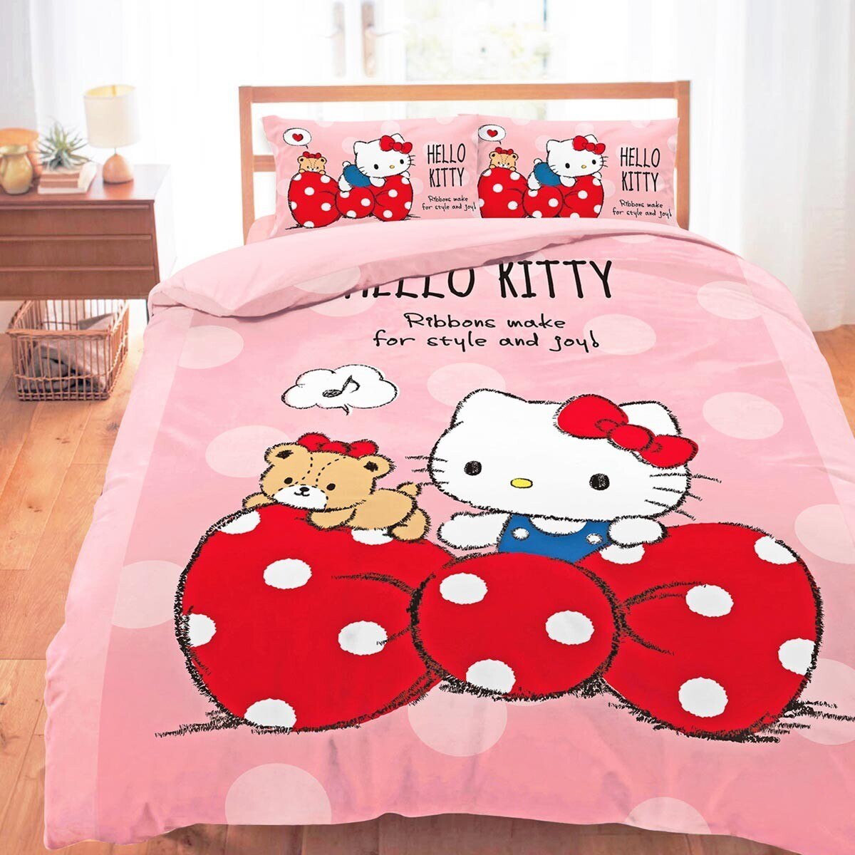100%純棉雙人兩用床包被套 4件組 152公分 X 190公分 Hello Kitty 點點蝴蝶結