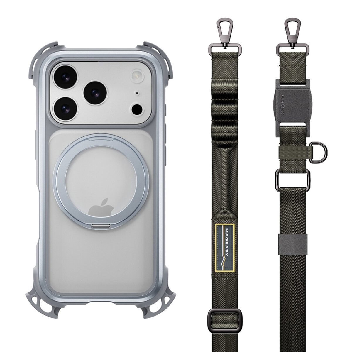 MAGEASY Odyssey Ultra M 終極防摔磁吸支架掛繩手機殼 iPhone 17 Pro(迷霧/岩石灰) + 鏡頭保護貼Lenz 鈦合金(迷霧鈦) + Vetro 9H 鋼化玻璃保護膜