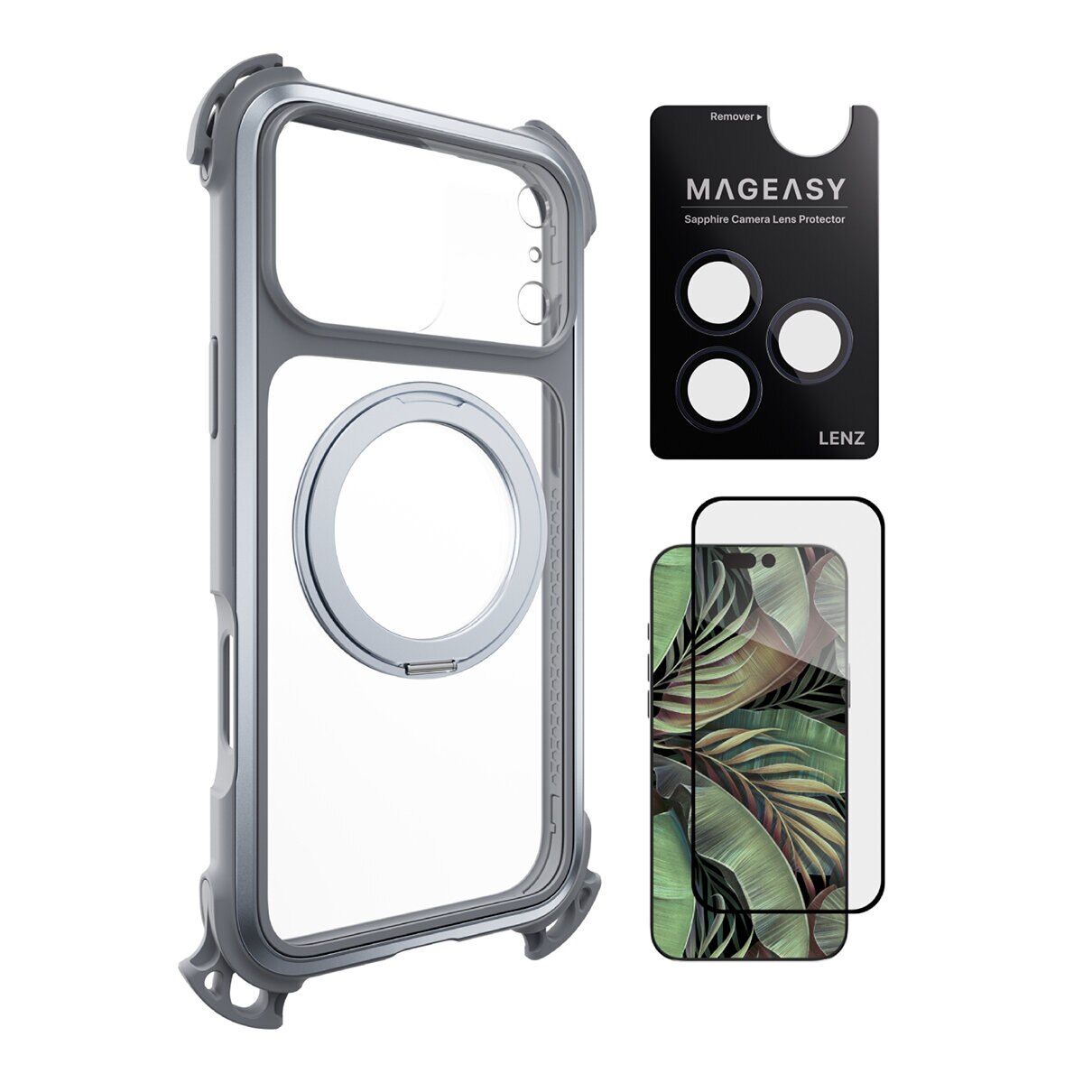 MAGEASY Odyssey Ultra M 終極防摔磁吸支架掛繩手機殼 iPhone 17 Pro Max(迷霧/岩石灰) + 鏡頭保護貼Lenz(午夜) + Vetro 9H 鋼化玻璃保護膜
