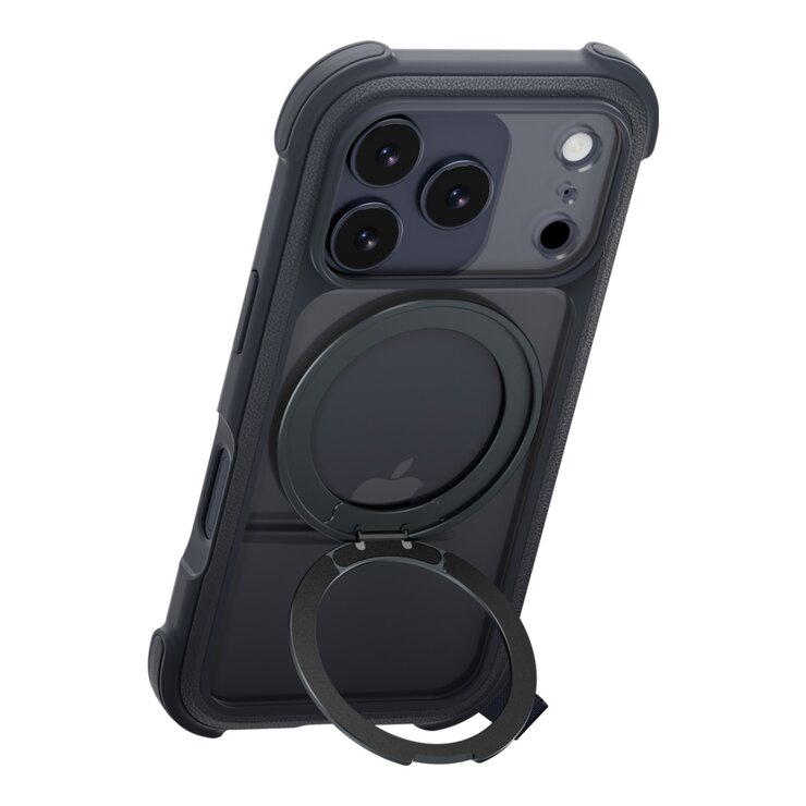MAGEASY Odyssey Stand M 超軍規防摔磁吸支架手機殼 iPhone 17 Pro(皮革午夜) + 鏡頭保護貼Lenz 鈦合金(鈦白) + Vetro 9H 鋼化玻璃保護膜