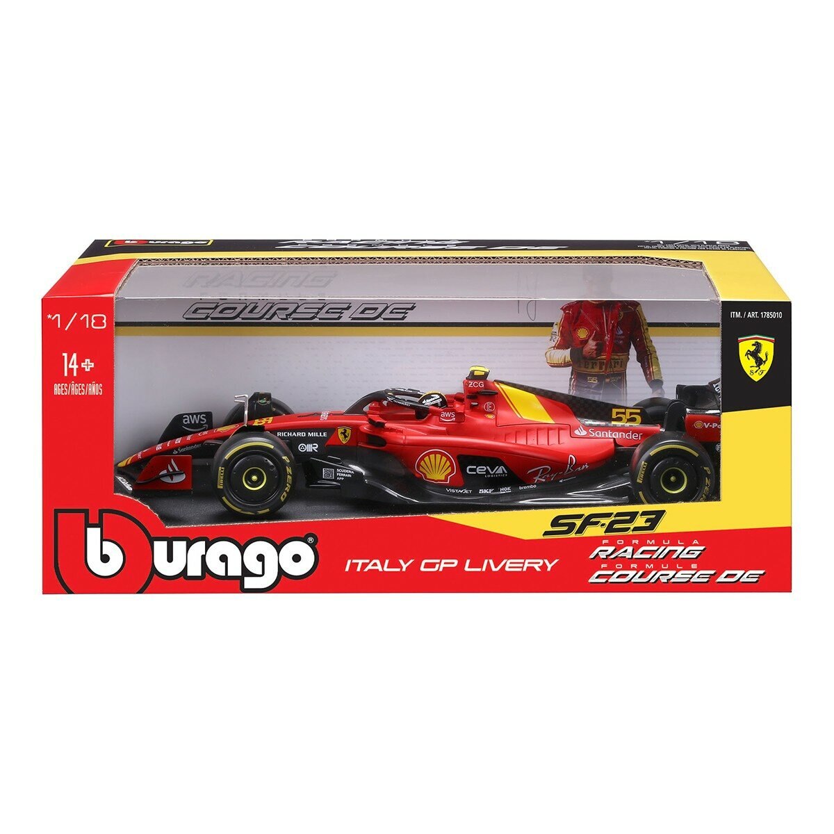 Bburago 1:18 賽車模型 Ferrari SF-23 (#55 Carlos Sainz , 含頭盔) 義大利大獎賽蒙扎塗裝版 消光紅 / 14歲以上 Bburago 1:18 賽車模型 Ferrari SF-23 (#55 Carlos Sainz , 含頭盔) 義大利大獎賽蒙扎塗裝版 消光紅 / 14歲以上