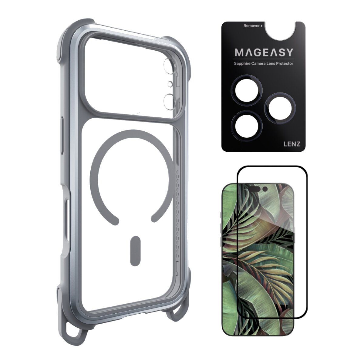 MAGEASY Odyssey Strap M Ultra-Military Drop-Proof Lanyard Phone Case iPhone 17 Pro (Mist/Cool Gray) + Lens Protector Lenz (Midnight) + Vetro 9H Tempered Glass Screen Protector
