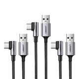 綠聯 Right Angle USB-A 對 Type-C 快充傳輸線 金屬編織L型 / 電競專用版 深空灰 (1公尺) 3件組