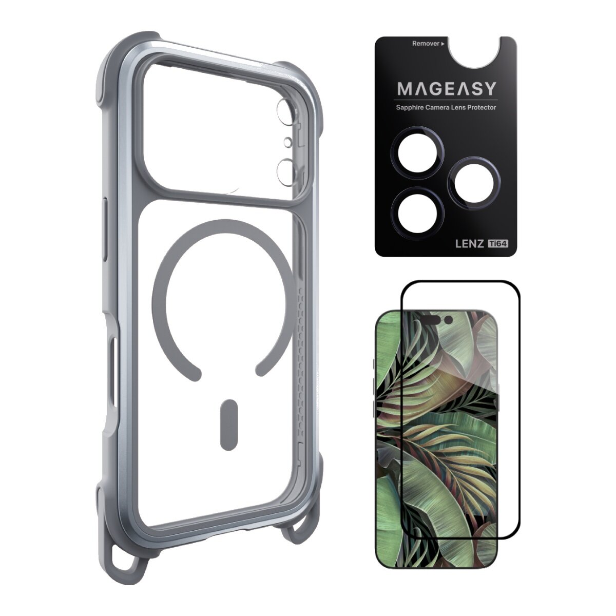 MAGEASY Odyssey Strap M Ultra Military Lanyard Case untuk iPhone 17 Pro (Misty/Grey) + Pelindung Lensa Lenz Titanium + Pelindung Kaca Tempered Vetro 9H