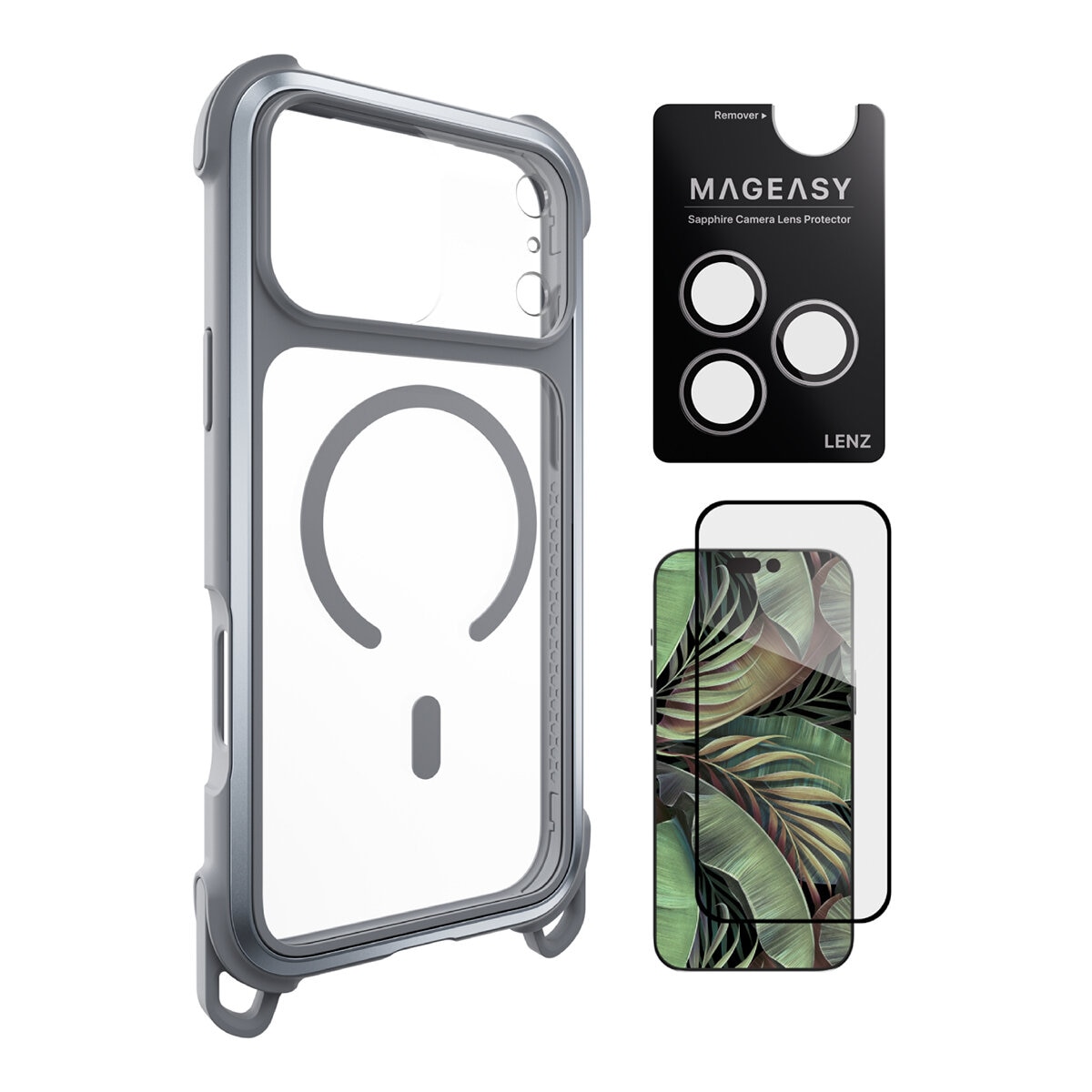 MAGEASY Odyssey Strap M Ultra Military Lanyard Case untuk iPhone 17 Pro Max (Misty/Grey) + Pelindung Lensa Lenz (Putih) + Pelindung Kaca Tempered Vetro 9H