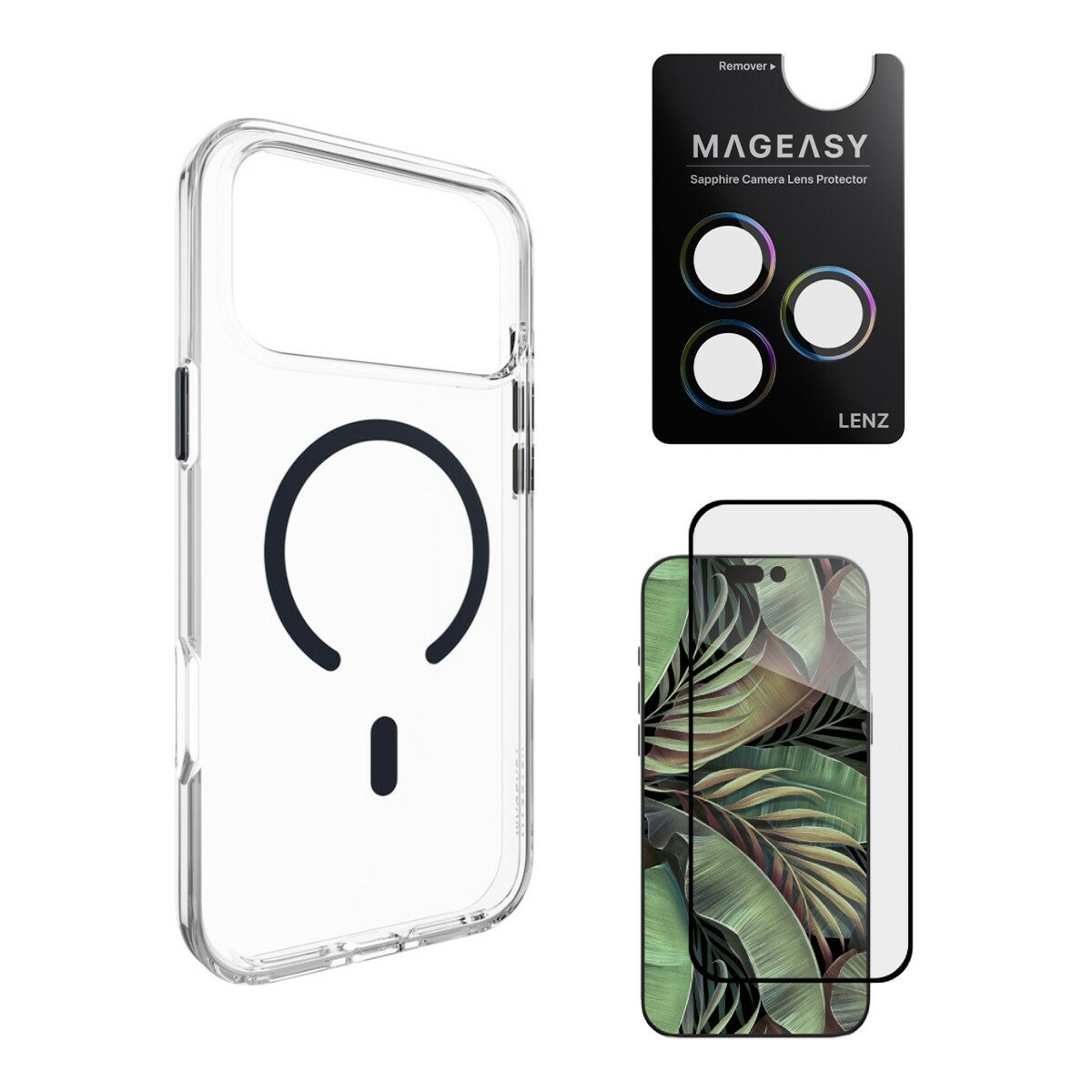 MAGEASY Bright M Casing Bening Magnetik Kelas Militer yang Tidak Menguning untuk iPhone 17 Pro Max (Cincin Magnetik Tengah Malam) + Pelindung Lensa Lenz (Berwarna-warni) + Pelindung Kaca Dikeraskan Vetro 9H