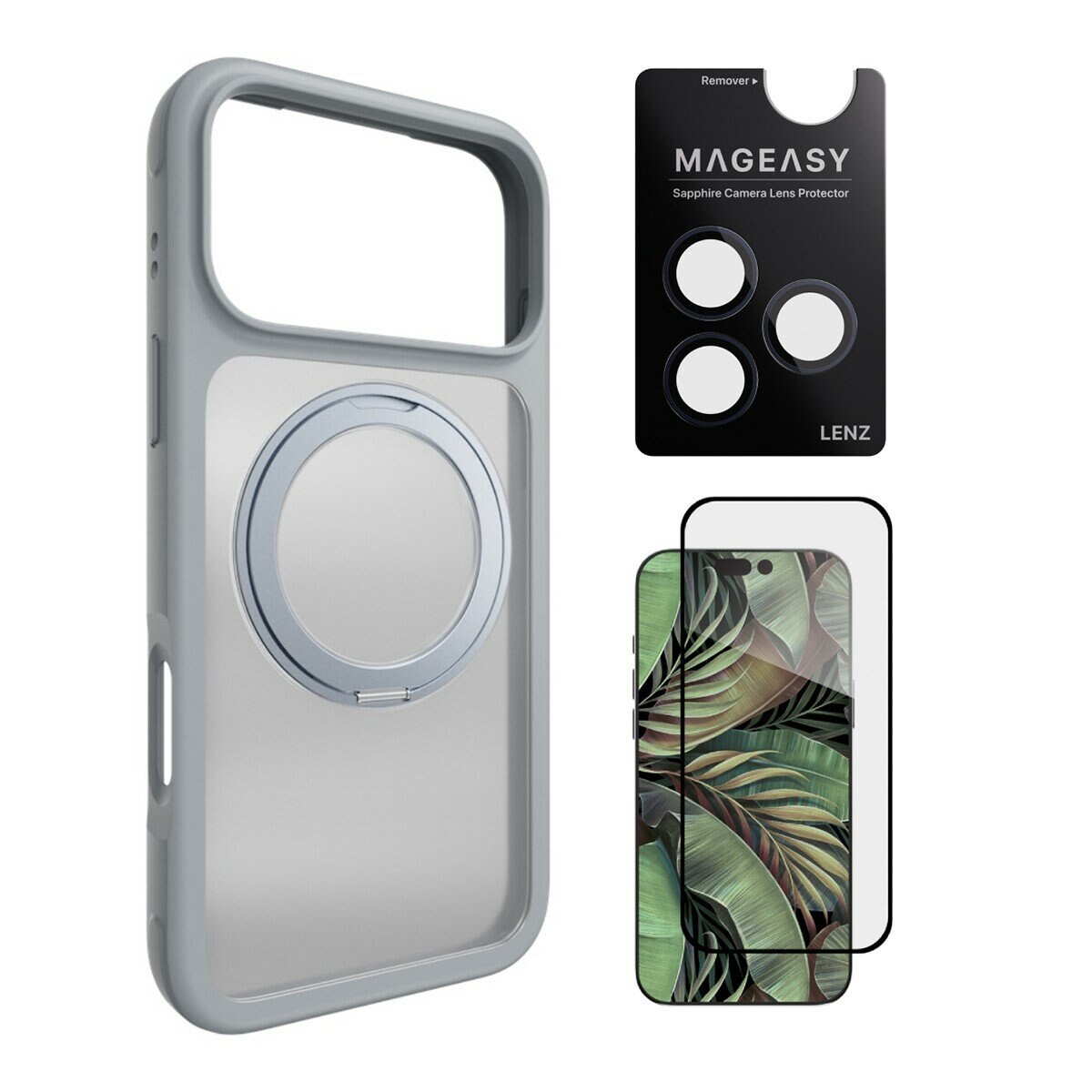 MAGEASY MagStand 360 M 磁吸旋轉支架防摔手機殼 iPhone 17 Pro Max(迷霧) + 鏡頭保護貼Lenz(午夜) + Vetro 9H 鋼化玻璃保護膜