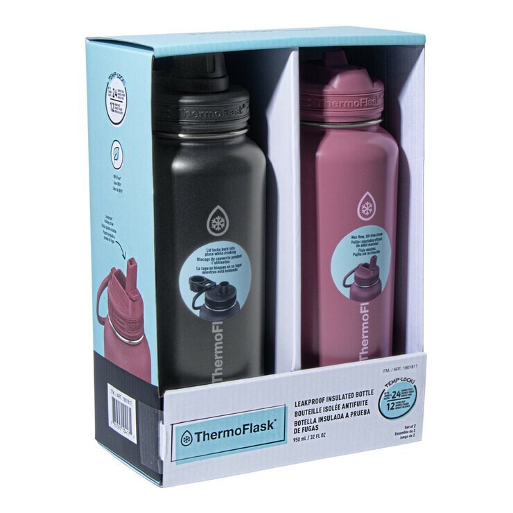 Thermoflask 不鏽鋼保冷保溫瓶 946毫升 X 2件組 深邃黑+霧玫瑰粉