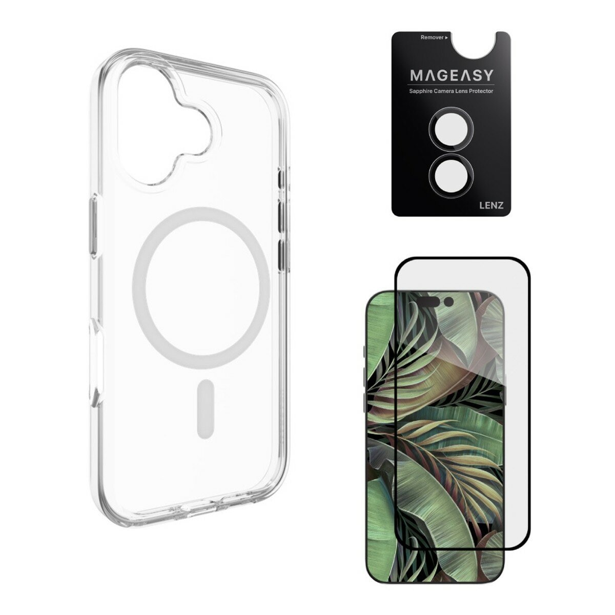 MAGEASY Bright M 不發黃軍規磁吸透明殼 iPhone 17 (白磁圈) + 鏡頭保護貼Lenz(煙霧藍) + Vetro 9H 鋼化玻璃保護膜