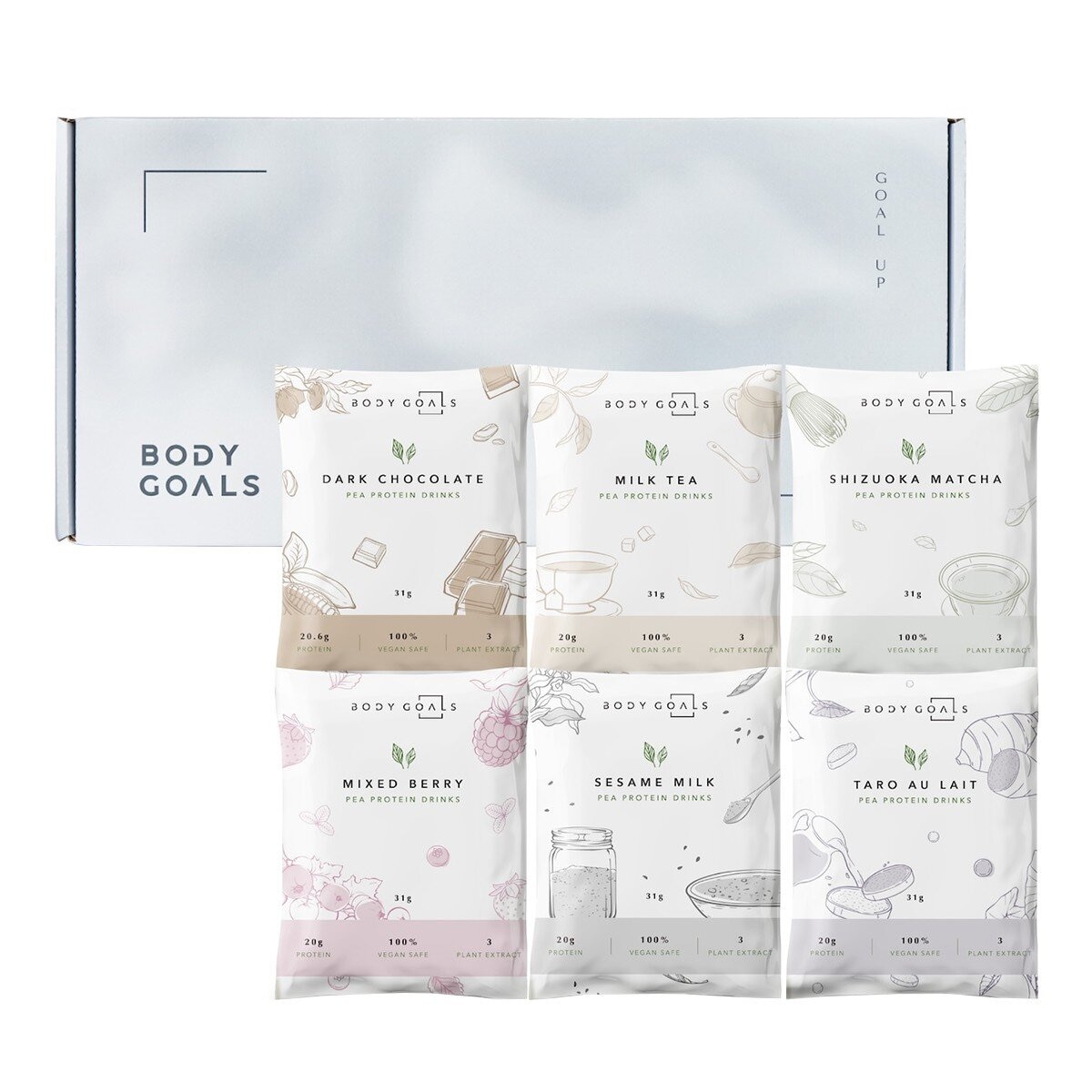 Body Goals 全素多效豌豆蛋白飲組合31公克 X 60入 (醇黑可可 / 芝麻歐蕾 / 馥郁奶茶 / 靜岡抹茶 / 濃芋歐蕾 / 繽紛野莓)