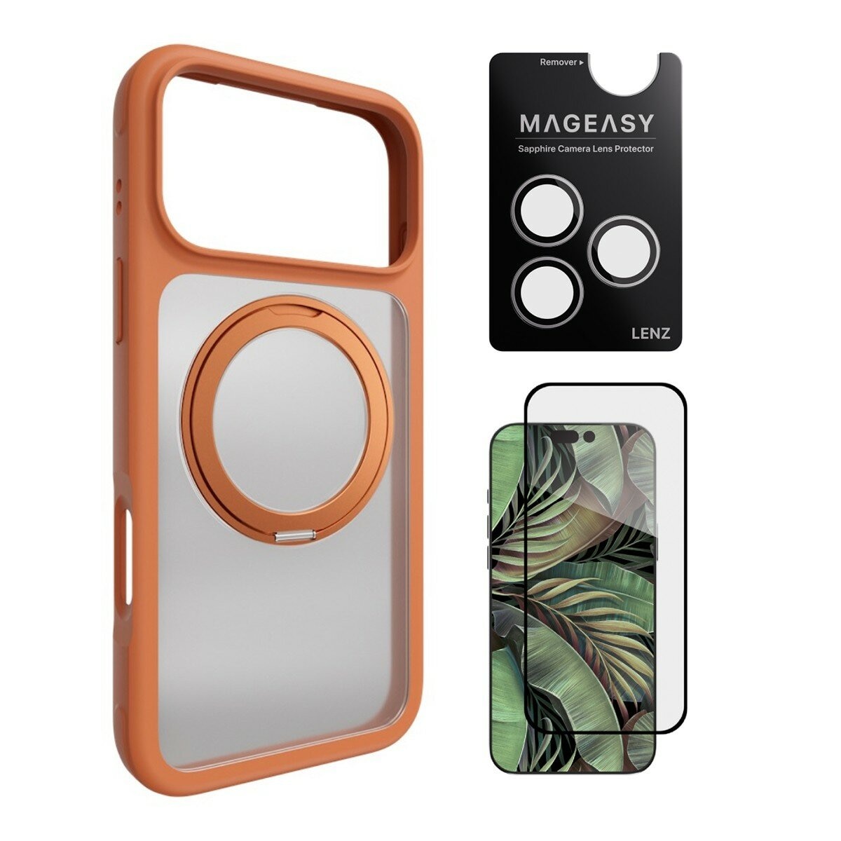 MAGEASY MagStand 360 M Casing Anti Jatuh Dudukan Putar Magnetik untuk iPhone 17 Pro Max (Coral) + Pelindung Lensa Lenz (Putih) + Pelindung Kaca Tempered Vetro 9H