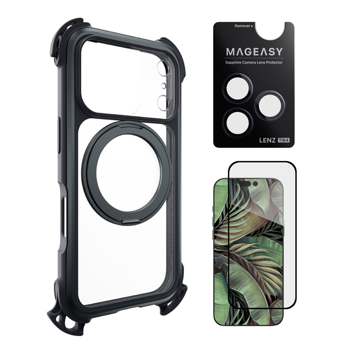 MAGEASY Odyssey Ultra M Pelindung Anti-Termos Magnetic Mount Strap For iPhone 17 Pro (midnight/black) + Pelindung Lensa Lenz Titanium (midnight titanium) + Vetro 9H tempered glass protector