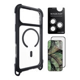 MAGEASY Odyssey Strap M 超軍規防摔掛繩手機殼 iPhone 17 Pro Max(皮革午夜/沉穩黑) + 鏡頭保護貼Lenz 鈦合金(鈦白) + Vetro 9H 鋼化玻璃保護膜