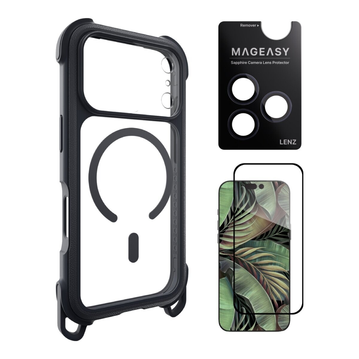 MAGEASY Odyssey Strap M 超軍規防摔掛繩手機殼 iPhone 17 Pro(皮革午夜/沉穩黑) + 鏡頭保護貼Lenz(午夜) + Vetro 9H 鋼化玻璃保護膜