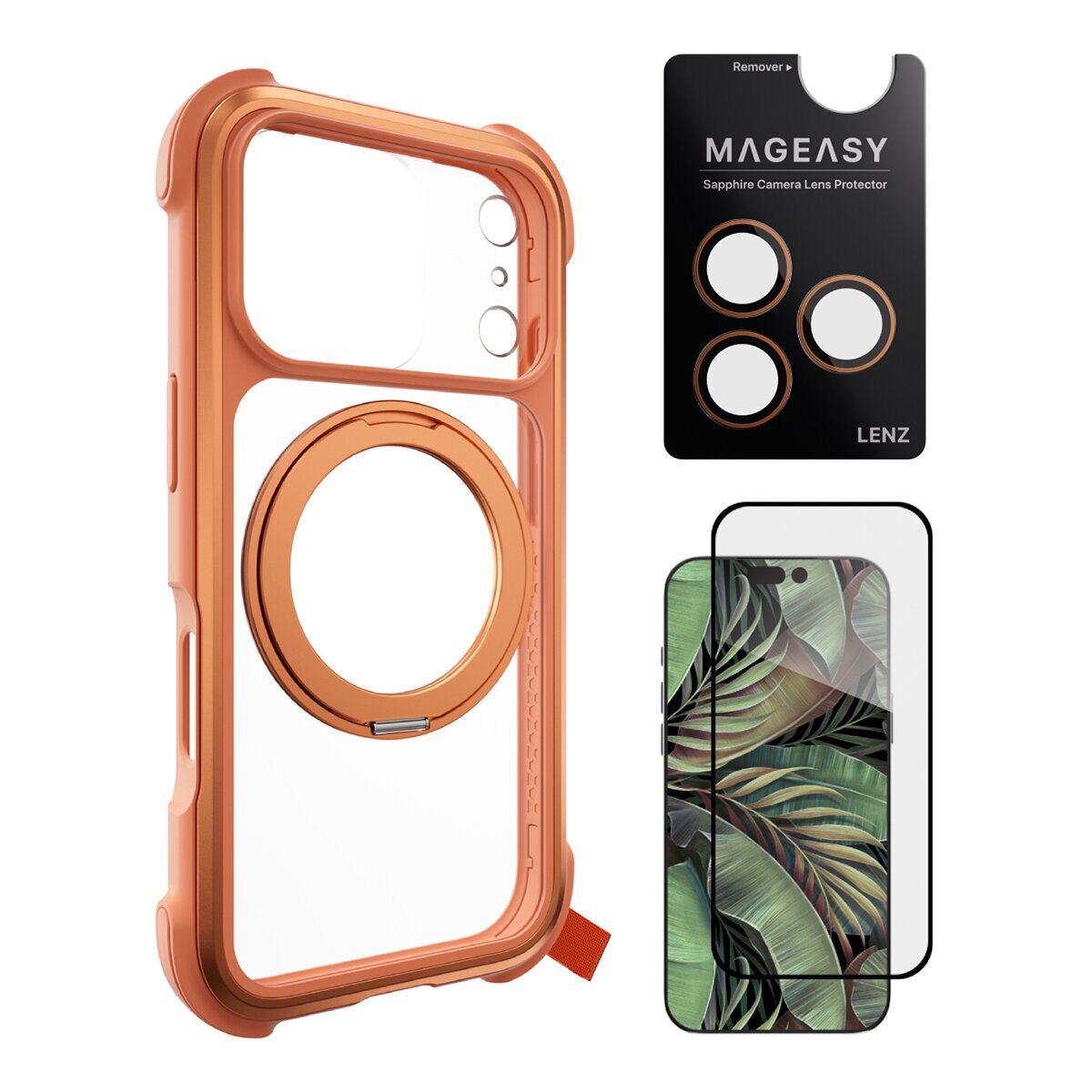 MAGEASY Odyssey Stand M 超軍規防摔磁吸支架手機殼 iPhone 17 Pro(珊瑚) + 鏡頭保護貼Lenz(珊瑚) + Vetro 9H 鋼化玻璃保護膜