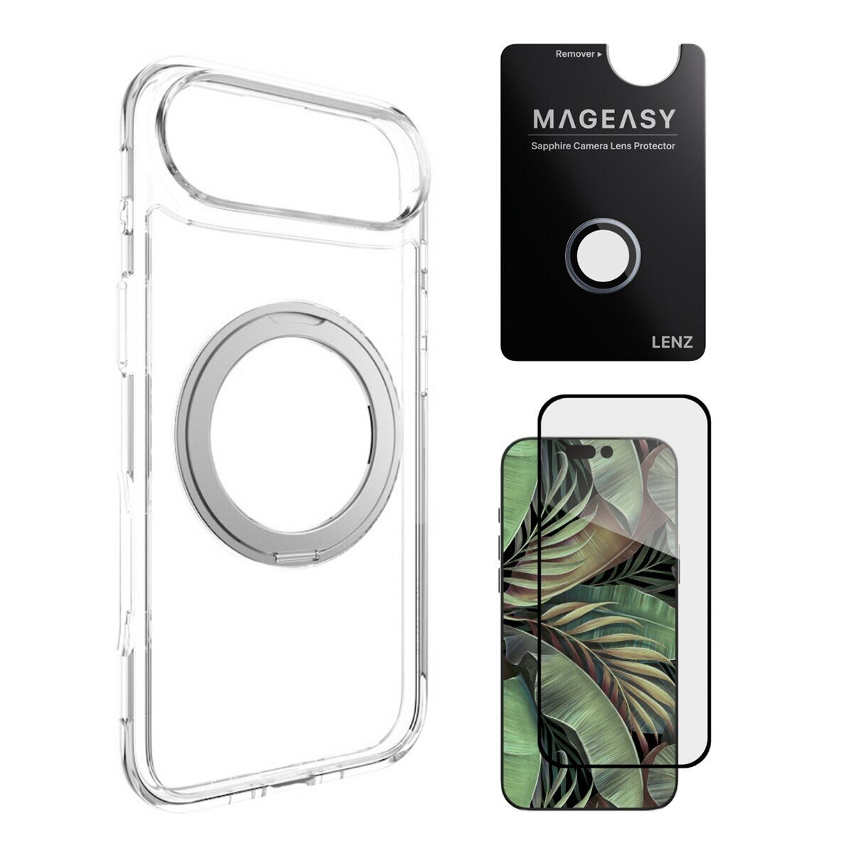 MAGEASY MagStand 360 M 磁吸旋轉支架防摔手機殼 iPhone Air (透明) + 鏡頭保護貼 Lenz(迷霧) + Vetro 9H 鋼化玻璃保護膜