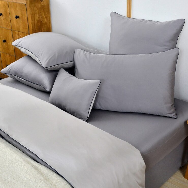 La Belle 雙人特大 300織天絲棉素色 被套床包四件組滾邊款 灰