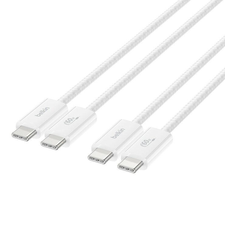 Belkin BoostCharge USB-C to USB-C 編織連接線 (60W 1.5米) 2入組 白 + Belkin BoostCharge Pro 雙USB-C 氮化鎵 充電器 (65W PPS) 2入組 迪士尼系列