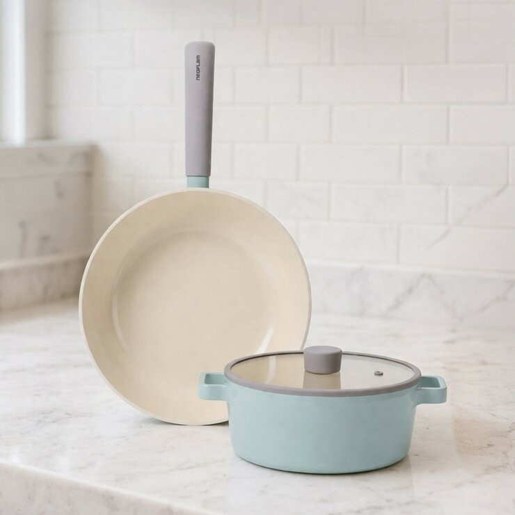 Neoflam 陶瓷不沾塗層鍋具 含玻璃上蓋 3件組 綠