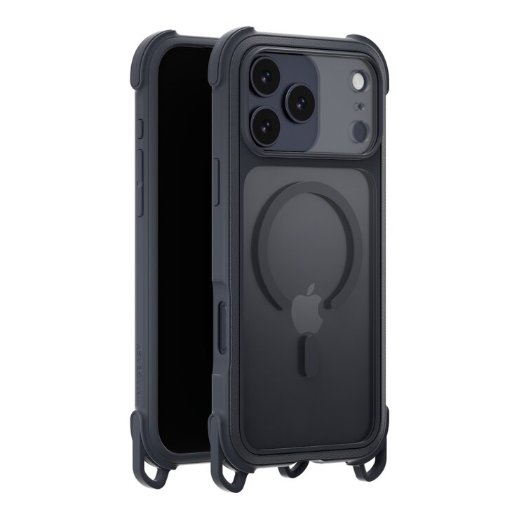 MAGEASY Odyssey Strap M 超軍規防摔掛繩手機殼 iPhone 17 Pro Max(皮革午夜/沉穩黑) + 鏡頭保護貼Lenz(白色) + Vetro 9H 鋼化玻璃保護膜