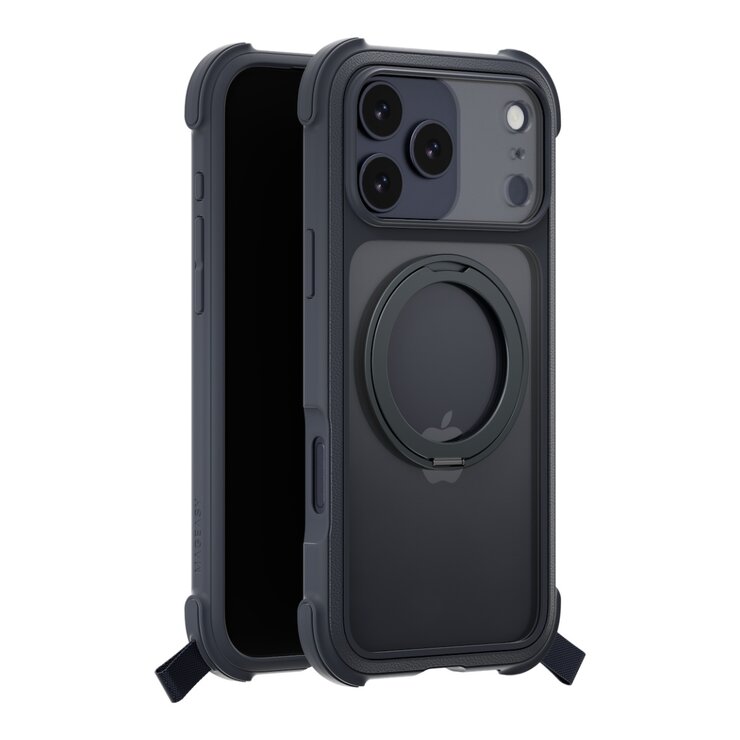 MAGEASY Odyssey Stand M 超軍規防摔磁吸支架手機殼 iPhone 17 Pro Max(皮革午夜) + 鏡頭保護貼Lenz(白色) + Vetro 9H 鋼化玻璃保護膜
