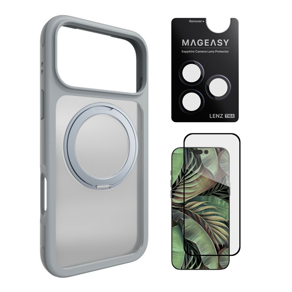 MAGEASY MagStand 360 M 磁吸旋轉支架防摔手機殼 iPhone 17 Pro Max(迷霧) + 鏡頭保護貼Lenz 鈦合金(午夜鈦) + Vetro 9H 鋼化玻璃保護膜