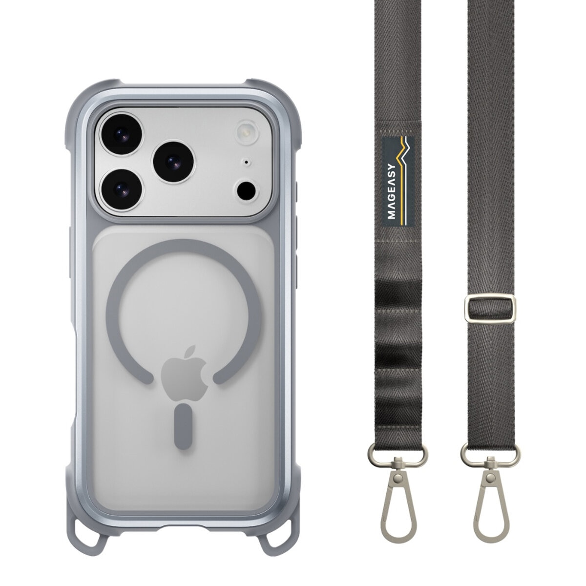 MAGEASY Odyssey Strap M 超軍規防摔掛繩手機殼 iPhone 17 Pro(迷霧/高冷灰) + 鏡頭保護貼Lenz(白色) + Vetro 9H 鋼化玻璃保護膜