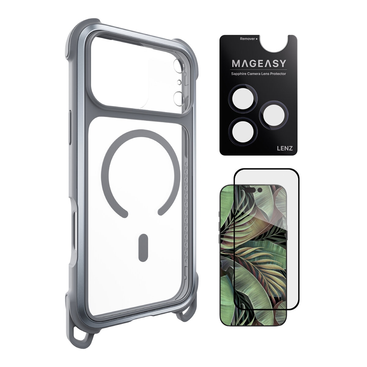 MAGEASY Odyssey Strap M 超軍規防摔掛繩手機殼 iPhone 17 Pro Max(迷霧/高冷灰) + 鏡頭保護貼Lenz(午夜) + Vetro 9H 鋼化玻璃保護膜