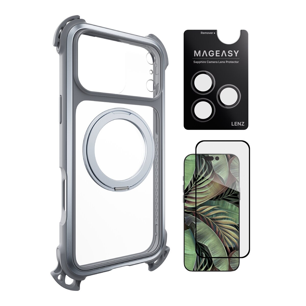 MAGEASY Odyssey Ultra M 終極防摔磁吸支架掛繩手機殼 iPhone 17 Pro Max(迷霧/岩石灰) + 鏡頭保護貼Lenz(迷霧) + Vetro 9H 鋼化玻璃保護膜