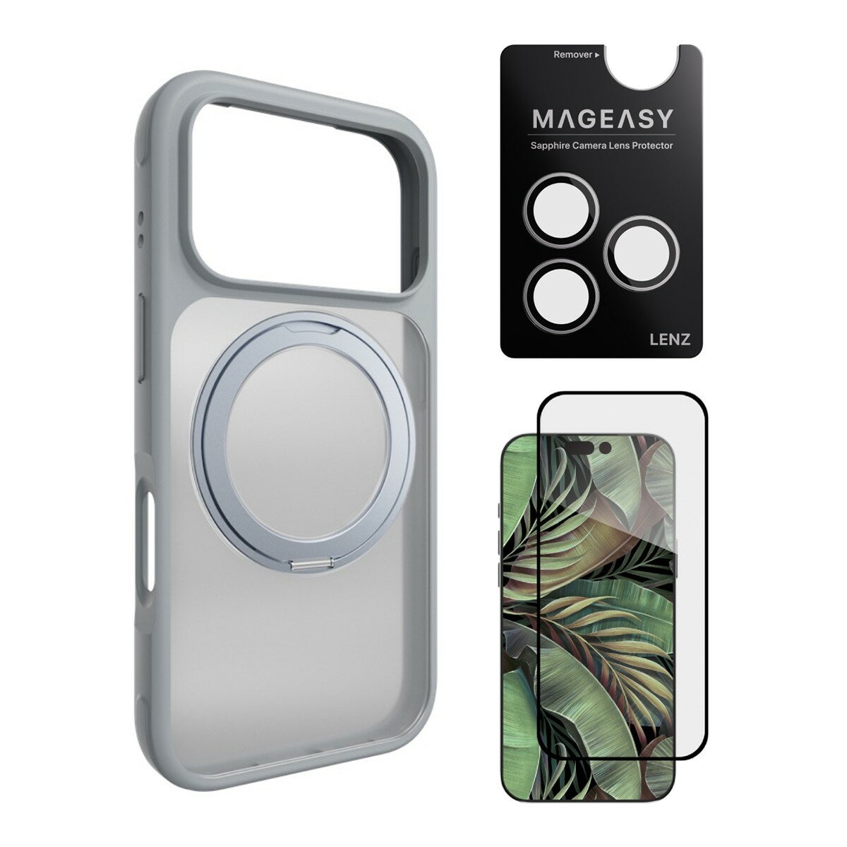 MAGEASY MagStand 360 M Magnetic Swivel Stand Drop Protection Case untuk iPhone 17 Pro (Misty) + Pelindung Lensa Lenz (Putih) + Pelindung Kaca Tempered Vetro 9H