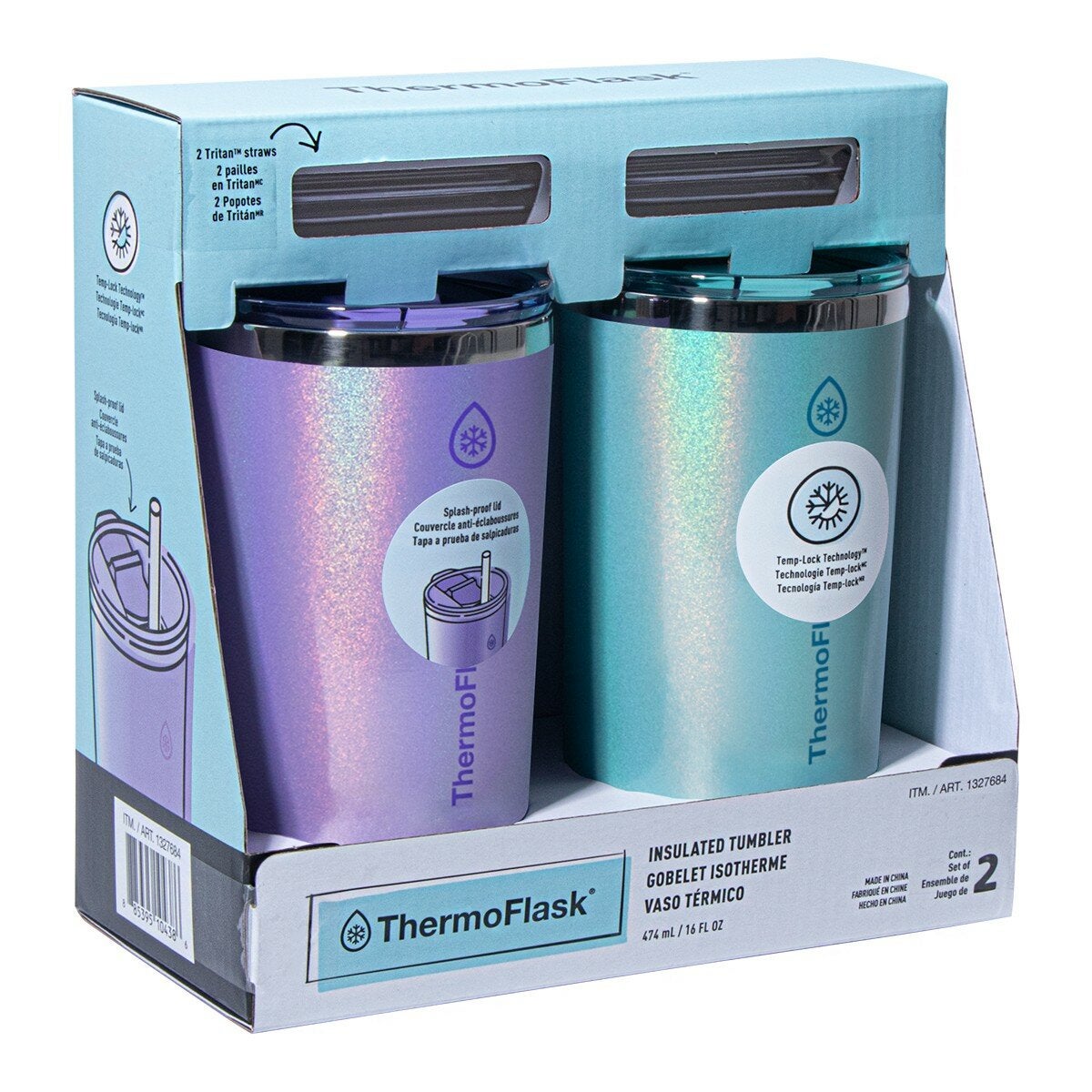 ThermoFlask 不鏽鋼保冷保溫馬克杯 含吸管 474毫升 X 2件組 紫+綠 ThermoFlask 不鏽鋼保冷保溫馬克杯 含吸管 474毫升 X 2件組 紫+綠