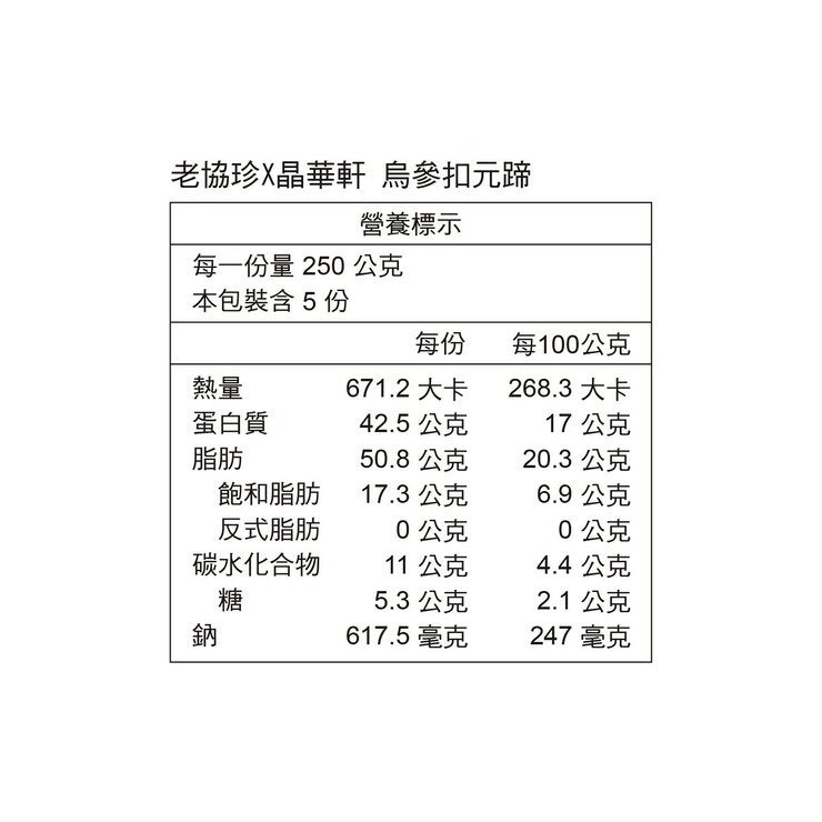 老協珍 X 晶華軒 冷凍烏參扣元蹄 1250公克