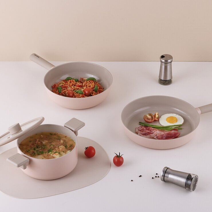 Neoflam 陶瓷不沾塗層鍋具 含玻璃上蓋 4件組 粉