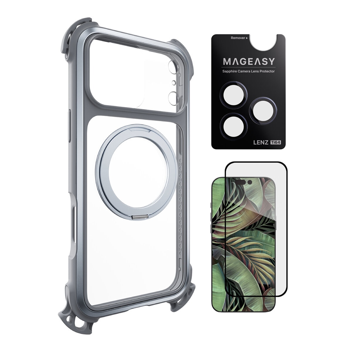 MAGEASY Odyssey Ultra M 終極防摔磁吸支架掛繩手機殼 iPhone 17 Pro Max(迷霧/岩石灰) + 鏡頭保護貼Lenz 鈦合金(午夜鈦) + Vetro 9H 鋼化玻璃保護膜