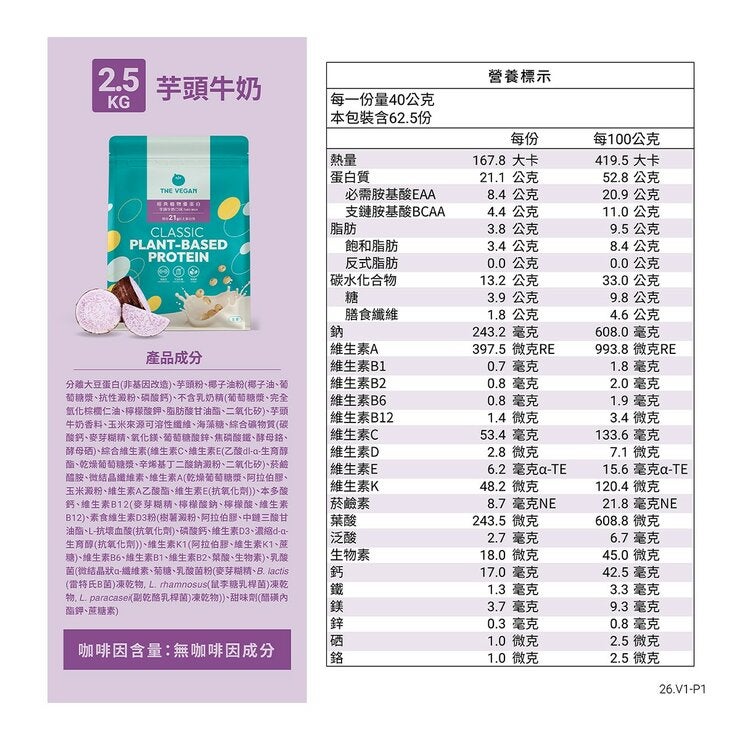 樂維根 經典植物優蛋白 芋頭牛奶 2.5公斤 樂維根 經典植物優蛋白 芋頭牛奶 2.5公斤