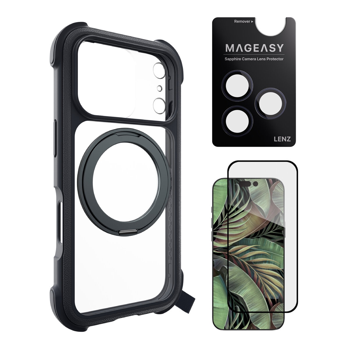 MAGEASY Odyssey Stand M Ultra Military Drop Protection Casing Ponsel Berdiri Magnetik iPhone 17 Pro (Leather Midnight) + Pelindung Lensa Lenz (Midnight) + Pelindung Kaca Tempered Vetro 9H