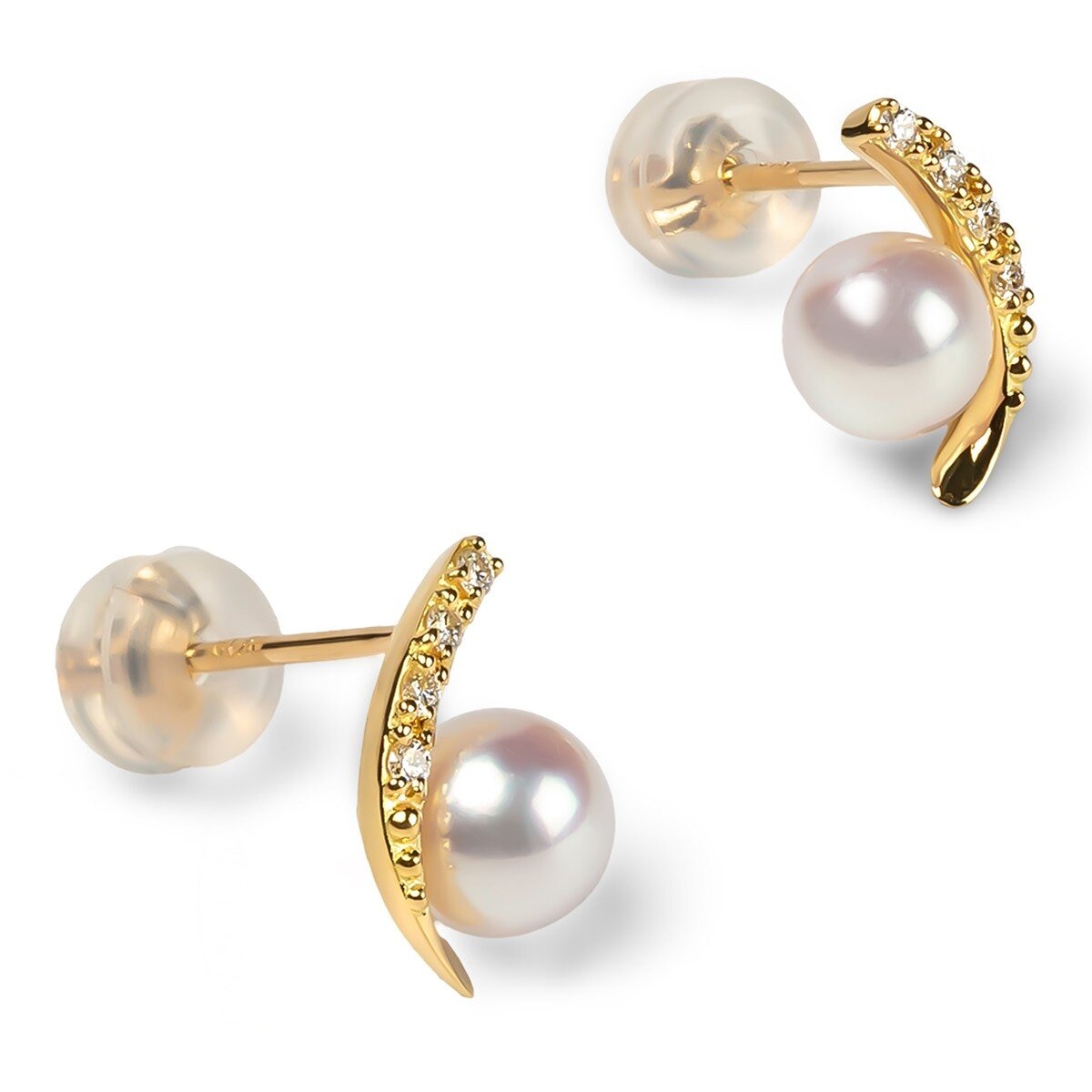 Tokyo Pearl 18K黃K金 5.5公釐 - 6.0公釐 Akoya 珍珠鑽石耳環
