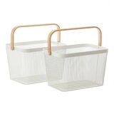 鐵網置物收納籃 木頭手把 2件組 白