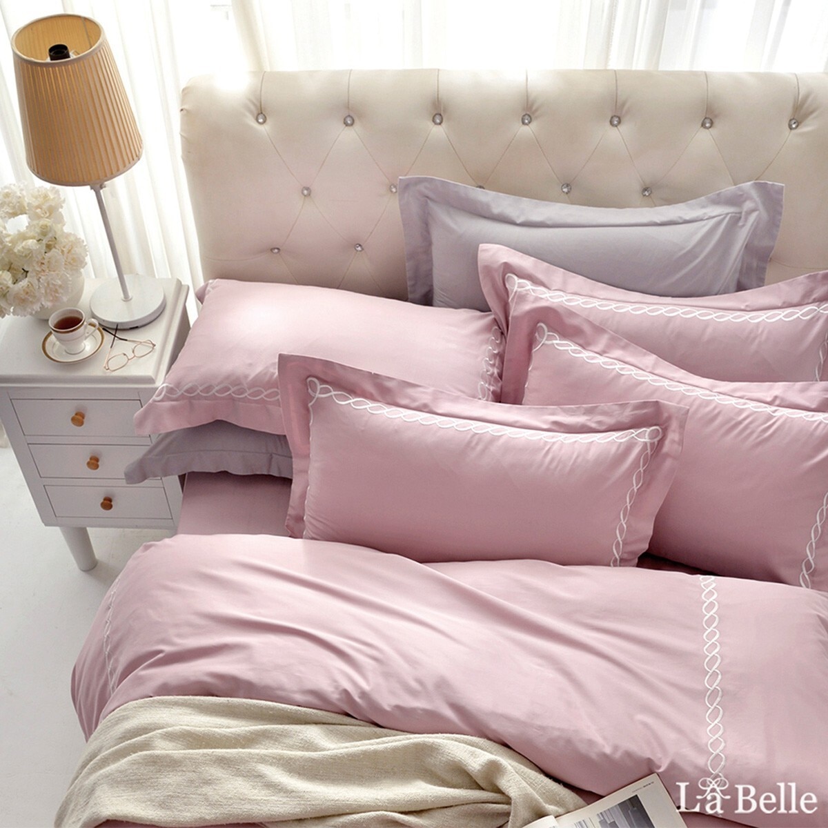 La Belle 雙人 300織純棉刺繡被套床包 4件組 150公分 X 186公分 粉