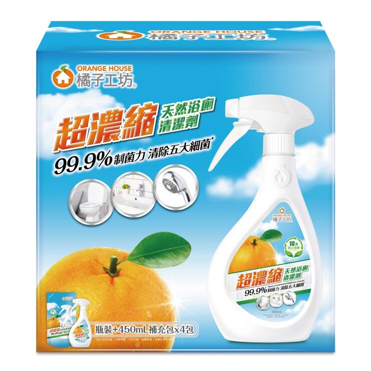 橘子工坊 超濃縮天然浴廁清潔劑 480毫升 + 補充包 450毫升 X 4入
