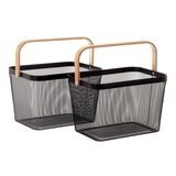 鐵網置物收納籃 木頭手把 2件組 黑
