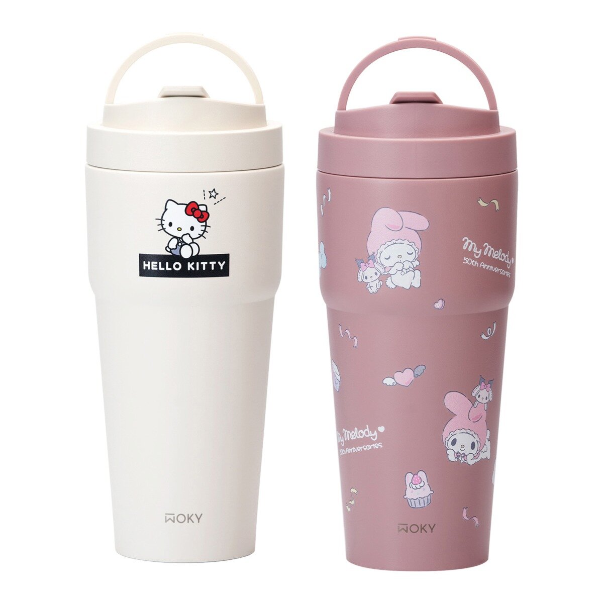 WOKY 沃廚 X 三麗鷗 渾圓杯鈦陶瓷保冷保溫杯 770毫升 X 2件組 Hello Kitty 純粹白 + 美樂地 粉天使